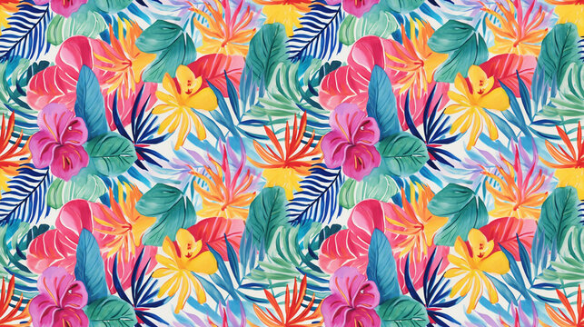 Seamless pattern of palm leaves and tropical flowers. Generated by AI
