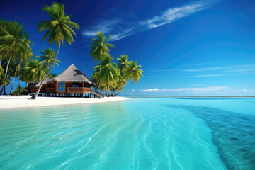 Naklejka premium Relaxing beach getaway with palm trees and crystal clear waters