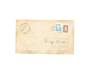 Watercolor vintage old beige letter with stamps and marks  solated on white background. Hand drawn illustration sketch