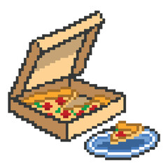 vector illustration 8bit pixel art of pizza in a brown opened box ready to eat with pizza slice on a blue plate
