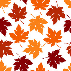 Seamless pattern with maple leaves.  Autumn background. Vector illustration. Herbarium of plants. Postcard. Orange, red