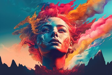 sztuka komputerowa wymieszana z grafiką komputerową, wymieszane kolory rysujące twarz. piękno abstrakcji. - obrazy, fototapety, plakaty
