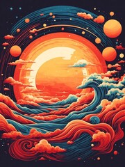 Abstract sun, moon, clouds and waves background. Print ready t-shirt design