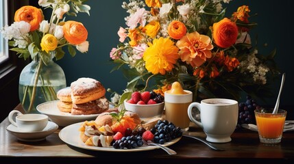  a table topped with plates of food next to a vase of flowers.  generative ai
