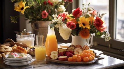  a tray of fruit and a pitcher of flowers on a table.  generative ai