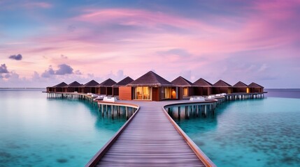  a dock leading to a row of huts on a body of water.  generative ai
