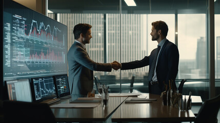Two businessmen shake hands and agree to do business successfully.