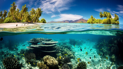 coral reef and sky and Clear turquoise water vibrant
