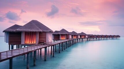  a row of huts sitting on top of a body of water.  generative ai