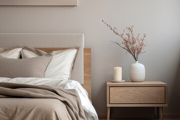 Modern house interior details. Simple cozy beige bedroom interior with bed headboard, linen...