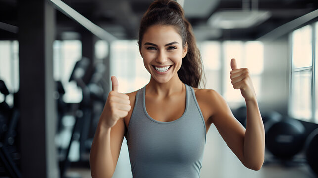 Portrait of happy athletic woman showing thumb up, smiling and looking at camera on gym background with copy space. Personal trainer. The concept of a healthy lifestyle and sports.