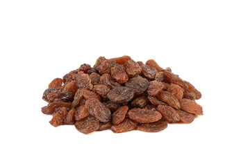 A bunch of sweet pitted raisins on a white background.