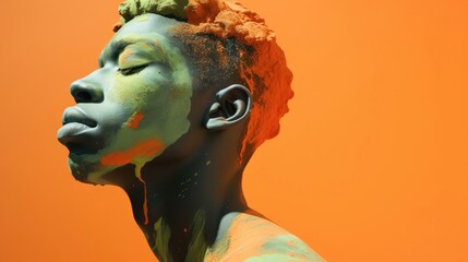 A side view portrait of a youthful African man illuminated by sunlight, adorned in green and orange paint with traces of dust, set against an orange background.