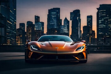 a front view of a sleek sports car against a twilight cityscape