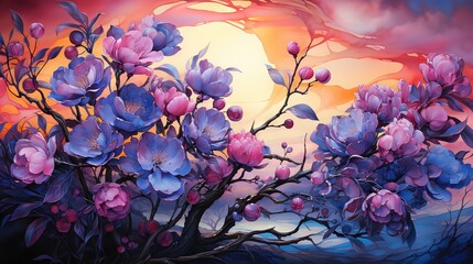  a painting of a tree with purple flowers in front of a sunset.  generative ai
