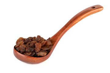 Wooden spoon full of sweet raisins isolated on white background.