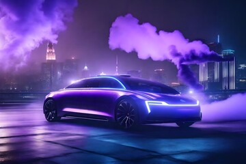 Fototapeta na wymiar a futuristic self-driving car emitting violet smoke, placed in a sleek cityscape