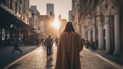 Jesus Christ in a cloak stands in the middle of a busy modern street with his back to the frame in backlit light