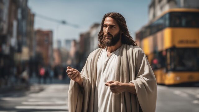 Jesus Christ stands in ancient robes in a busy city street and preaches