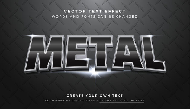 Vector Editable 3D Black Silver text effect. Shiny metallic chrome typography graphic style on metal texture background