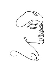 A portrait of a woman is drawn in a one line style. Facial expression. Printable art.