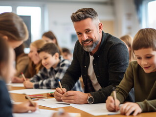 Fototapeta premium Male maths teacher conducting lesson in classroom