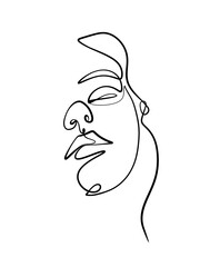 A portrait of a woman is drawn in a one line style. Facial expression. Printable art.
