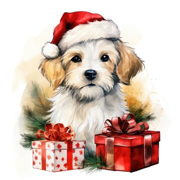 A dog with a santa hat and a gift. Digital image. Pets, Christmas clipart.