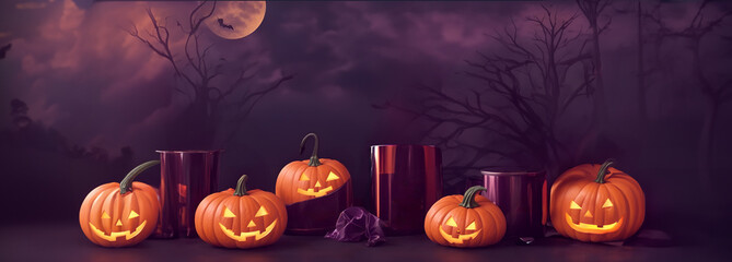 Halloween advert for web or store. Composition of boxes and pumpkins in dark, orange and purple shades. Creative layout with copy space. Poster design for shop, business, website.