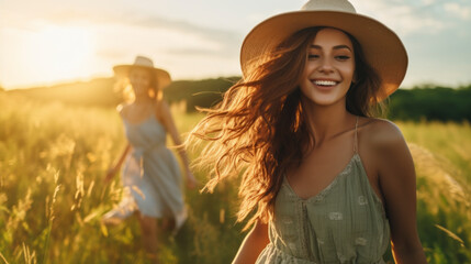 Beauty carefree happiness female relax outdoors. Happy young woman in sun hat summer wheat field meadow at sunset summer vacation,ai generate