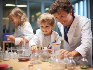 Large group of diverse children wearing lab coats in chemistry class while enjoying science experiments