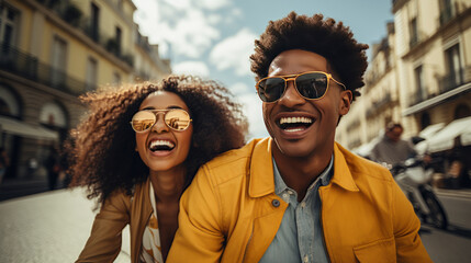 carefree traveller african american young marry lover couple enjoy riding town tour cheerful leisure moment in old city market town daytime travel,ai generate