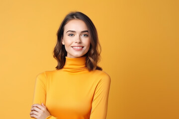 Obraz premium smiling cheerful attractive adult woman casual cloth studio shot on yellow colour wall background,ai generate