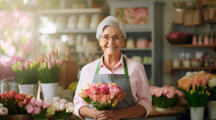 Senior woman sales flowers in flower shop. Happy smiling mature florist woman having eyeglasses and working at flower shop,ai generate
