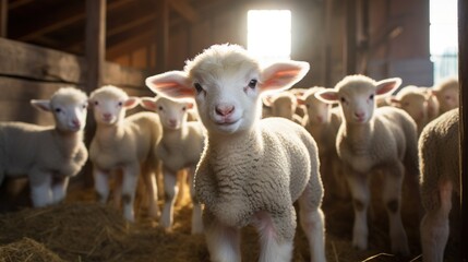 Fototapeta premium Generative AI, little lambs looking at the camera on a farm, baby sheeps