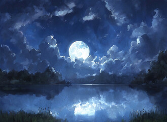 the moon over the lake Illustration painting