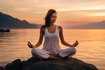 Woman sitting on the rock and meditates