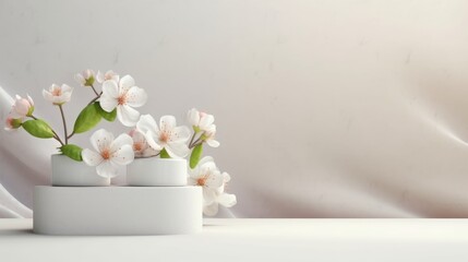 A white vase filled with white flowers on top of a table. Digital image. Copyspace, place for product.