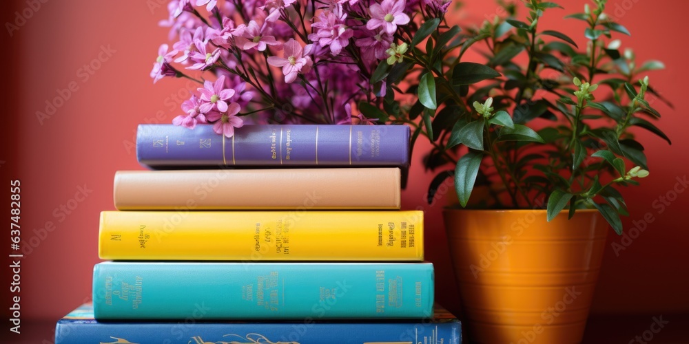 Aufkleber a stack of books sitting on top of a table next to a plant. generative ai image.