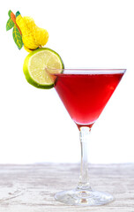 Red Cocktail And Lime Isolated On White. Cosmopolitan