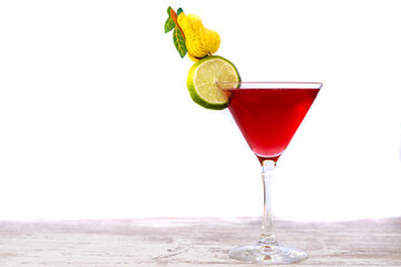 Red Cocktail And Lime Isolated On White. Cosmopolitan