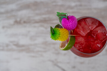Top View Of A Red Garnished Cocktail. 