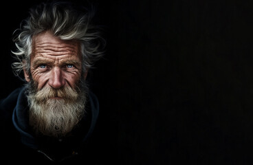 Close up portrait of elderly man with grey beard, moustache and hear,  isolated on black background. Copy space great for quotes and messages.