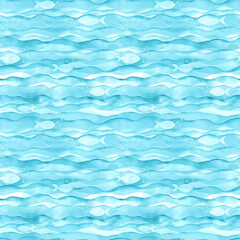 Watercolor sea ocean wave fish teal turquoise colored background