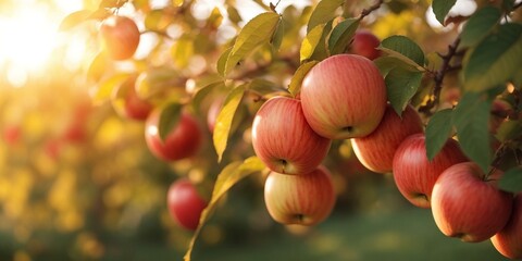 Apple trees with ripe fruits. Bloomy apple garden.	 - obrazy, fototapety, plakaty