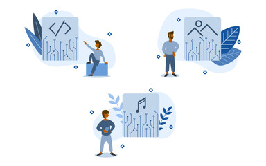 AI creation illustration set, characters are looking at Source Code, Image, and Music note files created using AI generator. AI Generator Creation concept. vector illustration.