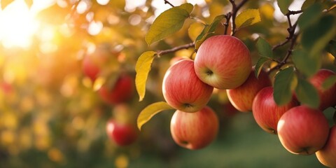 Obraz premium Apple trees with ripe fruits. Bloomy apple garden. 