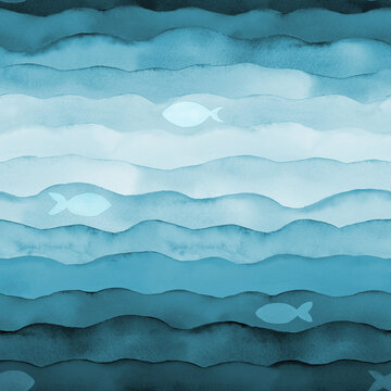 Watercolor sea ocean wave fish teal turquoise colored background © Olga