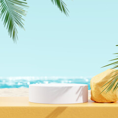 Summer product display podium with tropical palm leaves and sea on blue background. 3D rendering