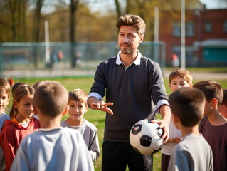 Elementary school kids and teacher sitting with ball in field